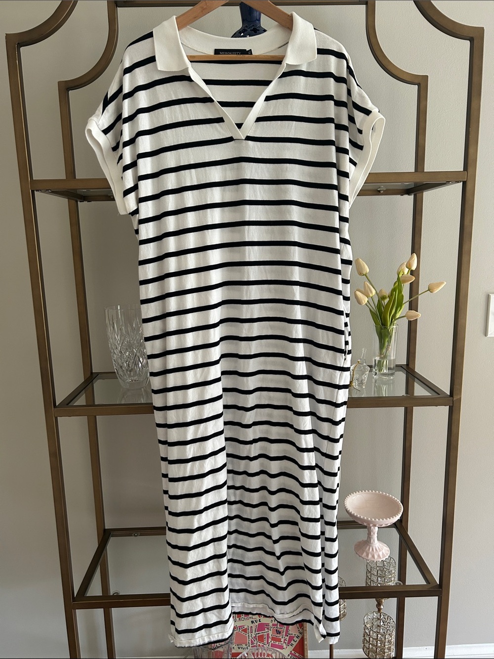 Striped Polo Maxi Dress in White and Black
